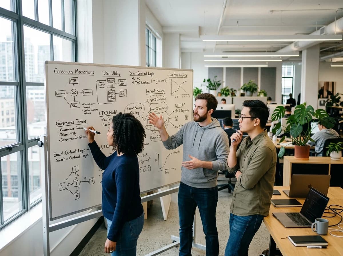Three blockchain developers actively brainstorming complex diagrams and equations on a large whiteboard.