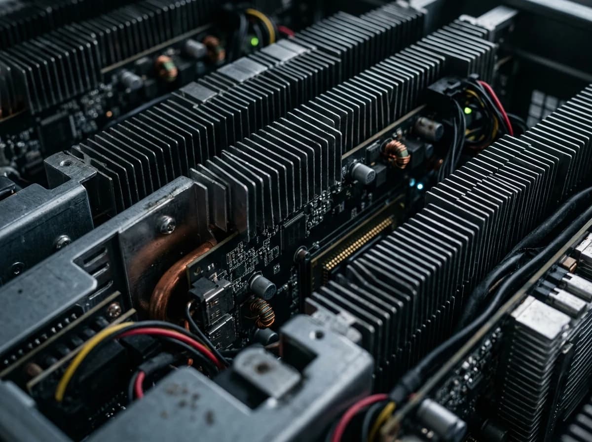 Close-up detail of a high-performance ASIC miner's cooling fins and intricate circuitry, with subtle power lights, representing the core product.