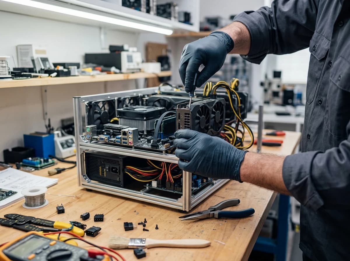 Adult engineer's gloved hands meticulously assembling components of a cryptocurrency mining rig with tools, demonstrating technical craft in a workshop.