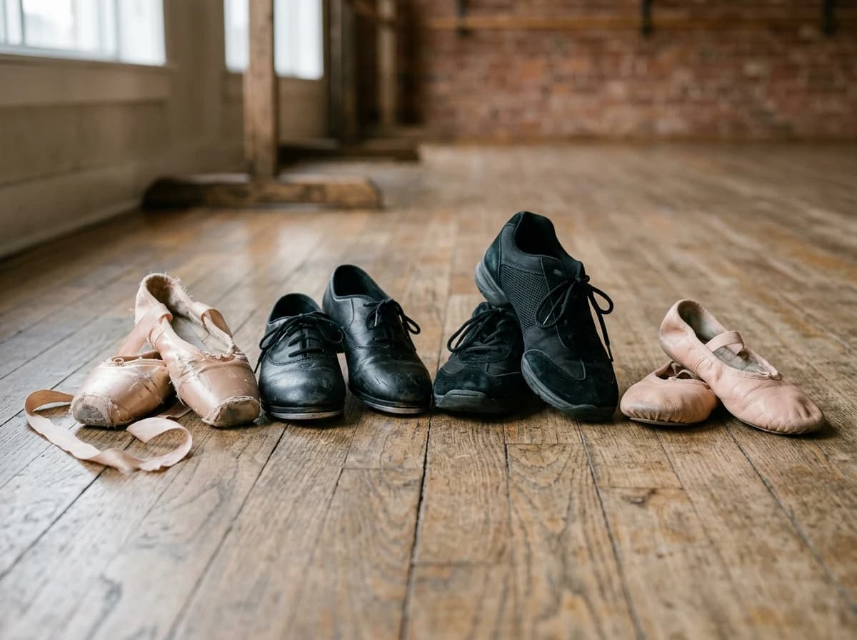 An artful collection of various dance shoes: pointe shoes, tap shoes, jazz sneakers, and ballet slippers, neatly arranged on a wooden floor, representing different dance styles.