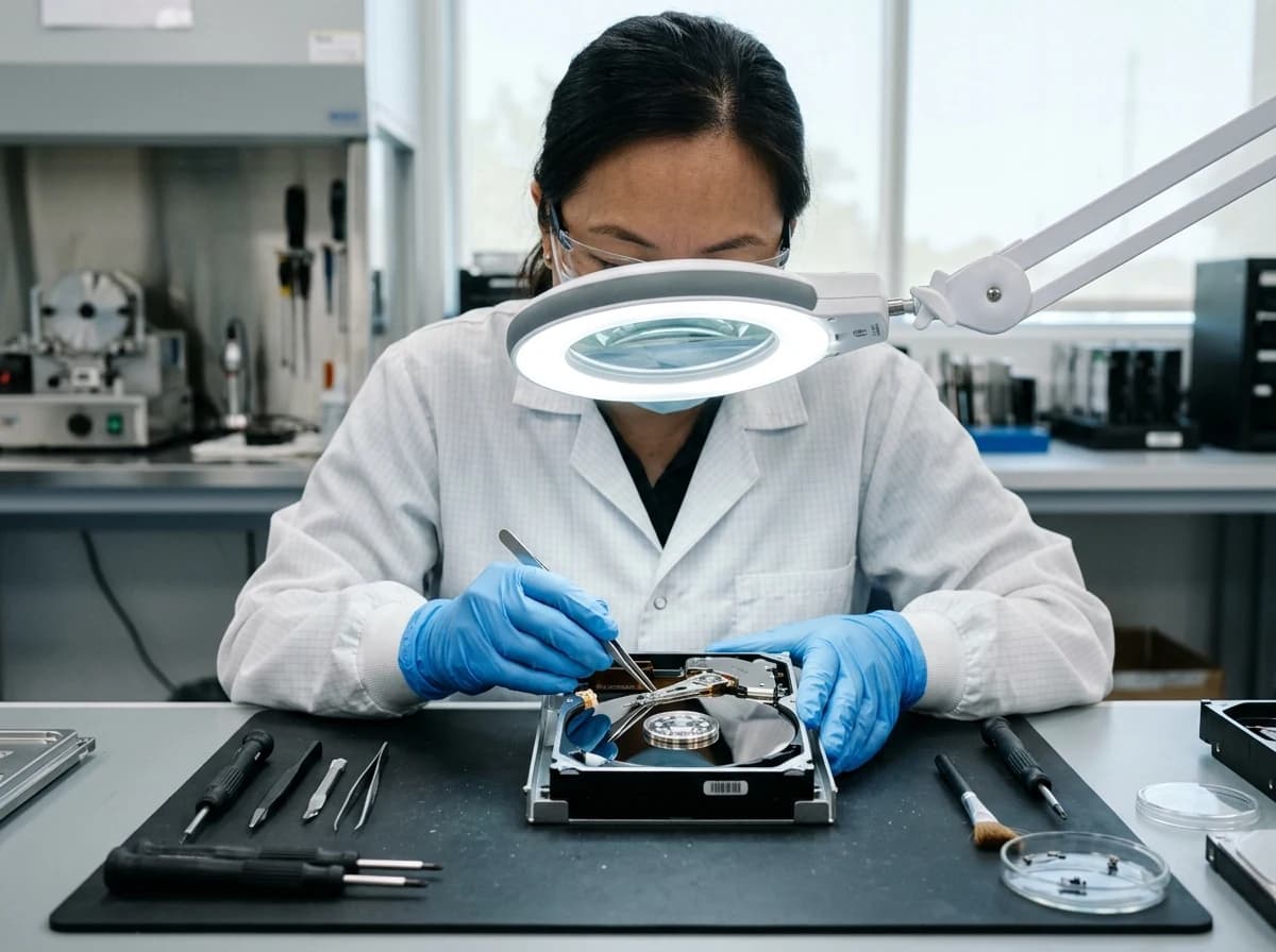 Data recovery technician in a cleanroom, carefully examining an open hard drive with tools.