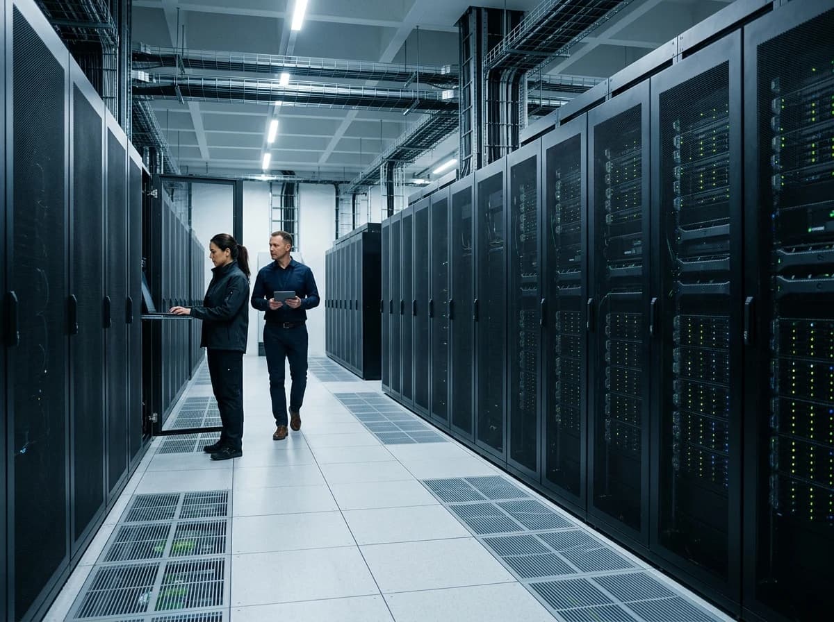 Rows of glowing server racks in a secure, climate-controlled data center.