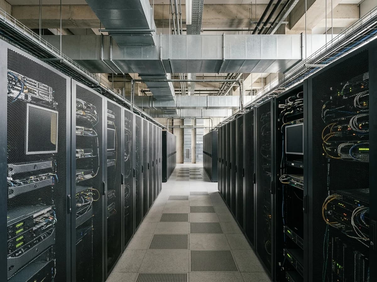 Dedicated cooling aisle in a real data center, organized ventilation ducts and metal server cabinets in balanced neutral light.