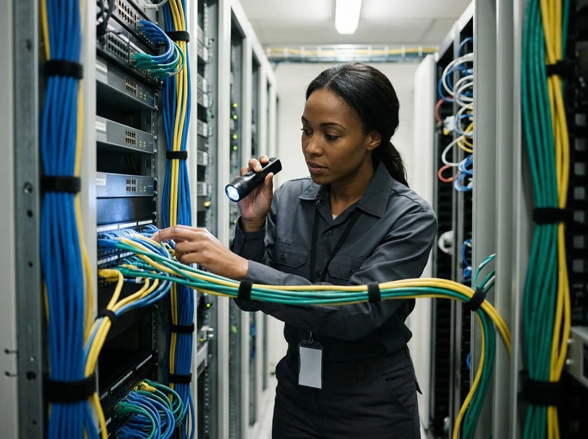 Technician in uniform inspecting network cabling behind server racks.