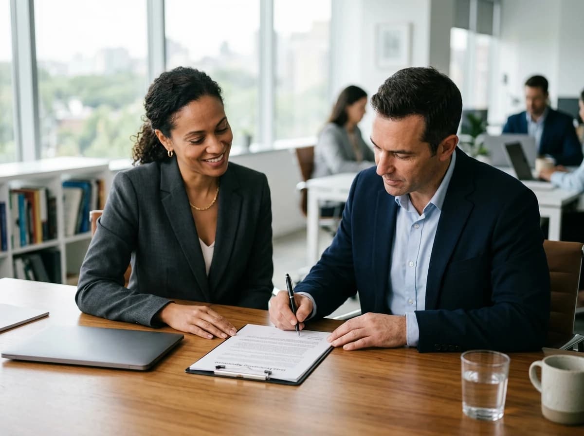 Two adults, a data privacy consultant and a client, are seated at a table. The client is signing a printed data processing agreement, while the consultant observes professionally, signifying a successful agreement.
