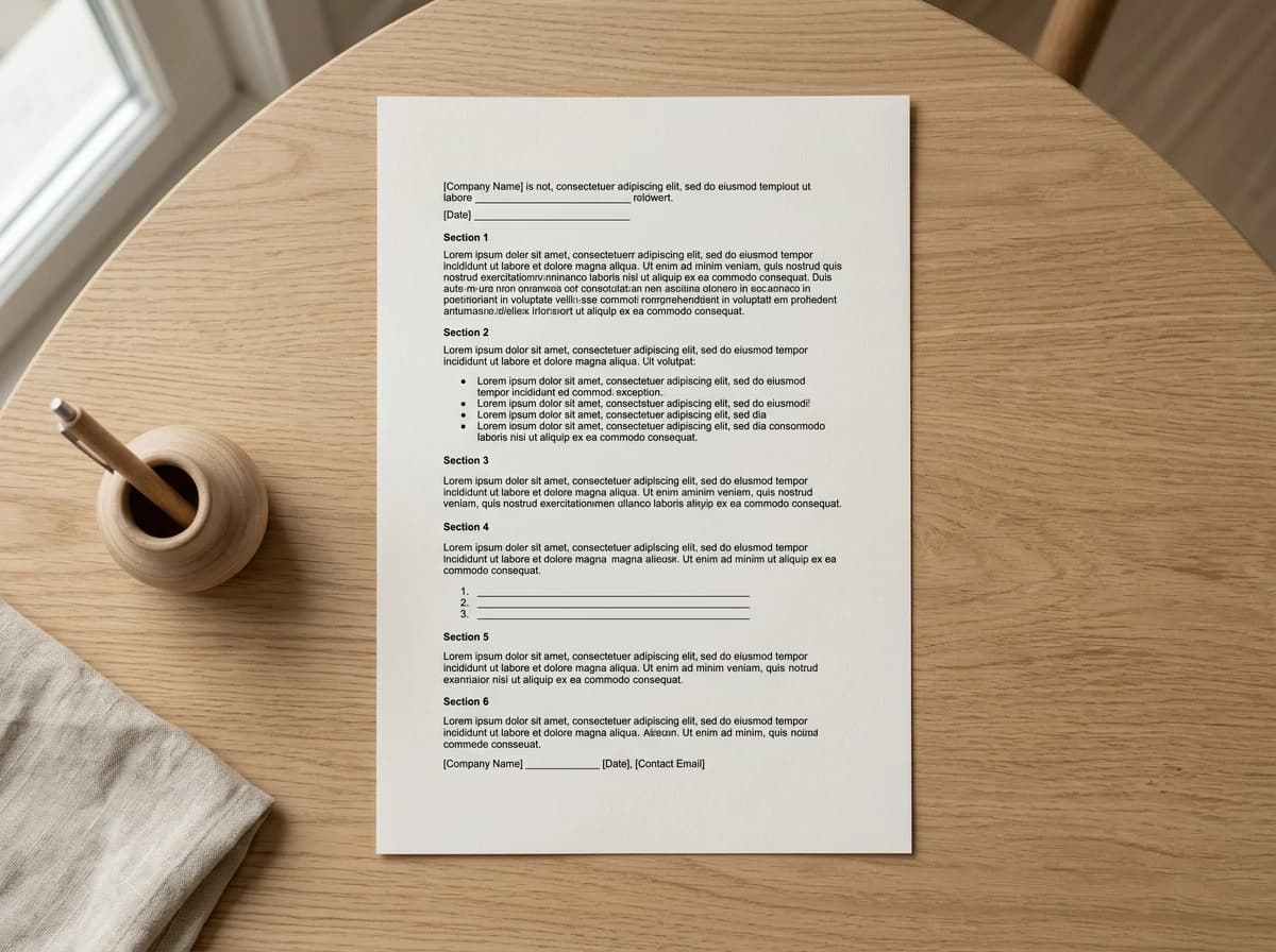 A close-up of a professionally printed privacy policy template, showing abstract legal sections and placeholders on a smooth white paper. The clean layout emphasizes clarity and structure of a crucial legal document.