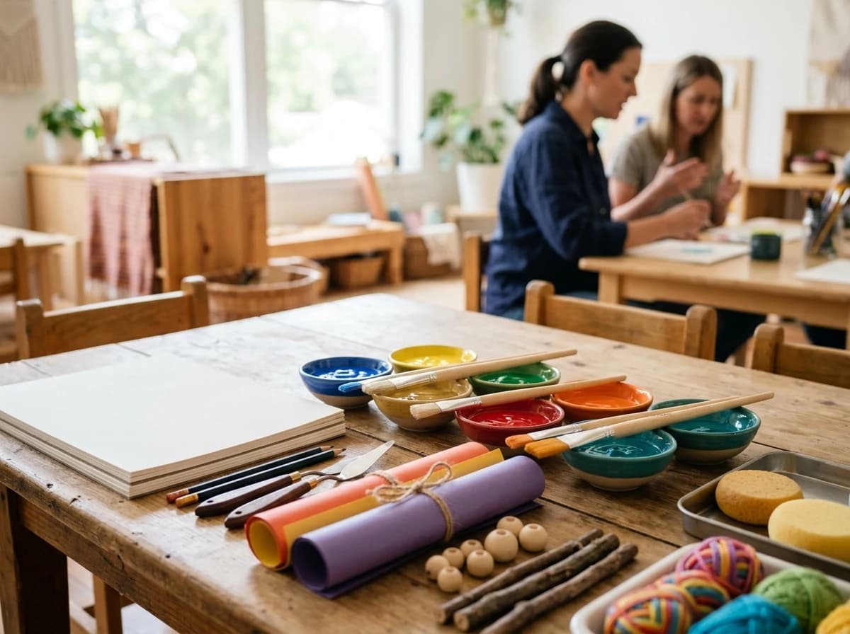 A table set with various colorful art supplies: paint, brushes, paper, ready for creative expression.