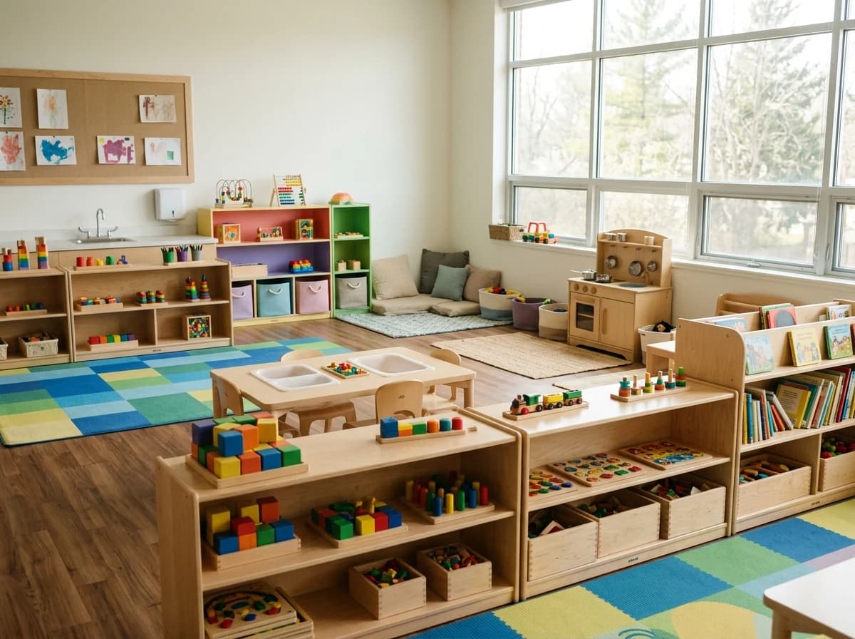 A vibrant, clean, and empty daycare playroom filled with colorful, age-appropriate toys and furniture.