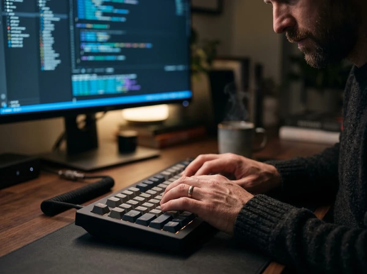 Developer's hands on a keyboard, screen showing abstract code, in focused flow.