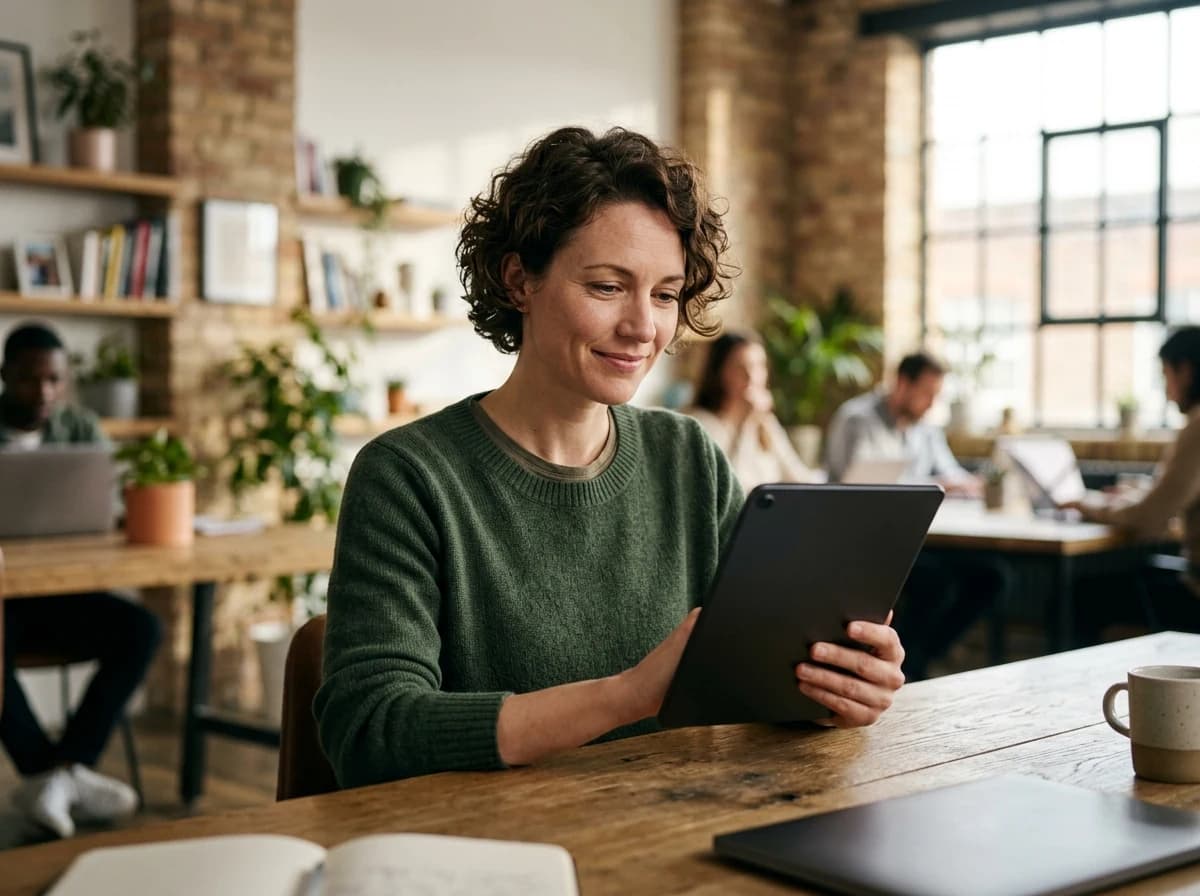 Developer looking satisfied at a digital product displayed on a tablet.