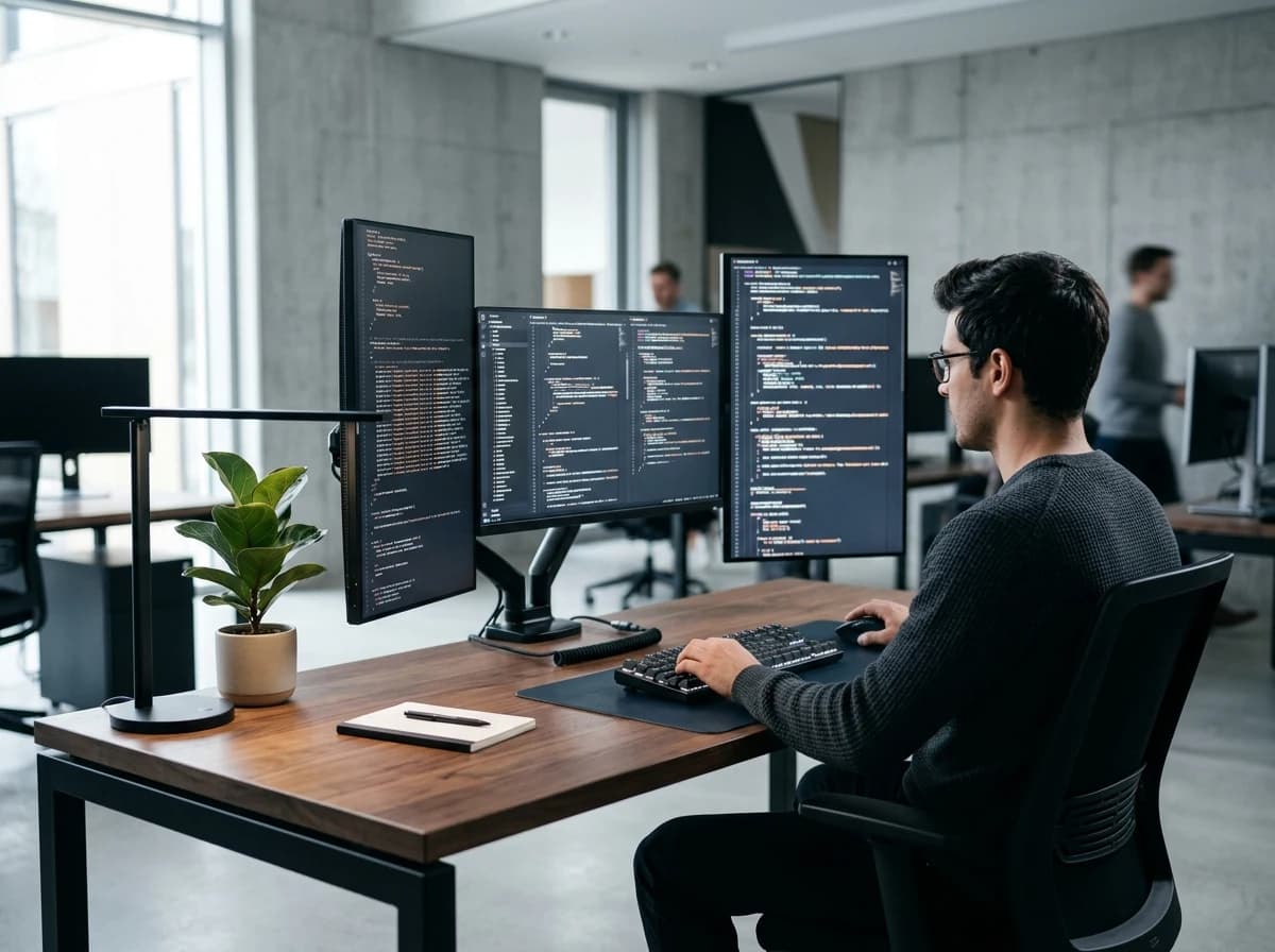 Clean, minimalist developer desk with multiple monitors, keyboard, and mouse.