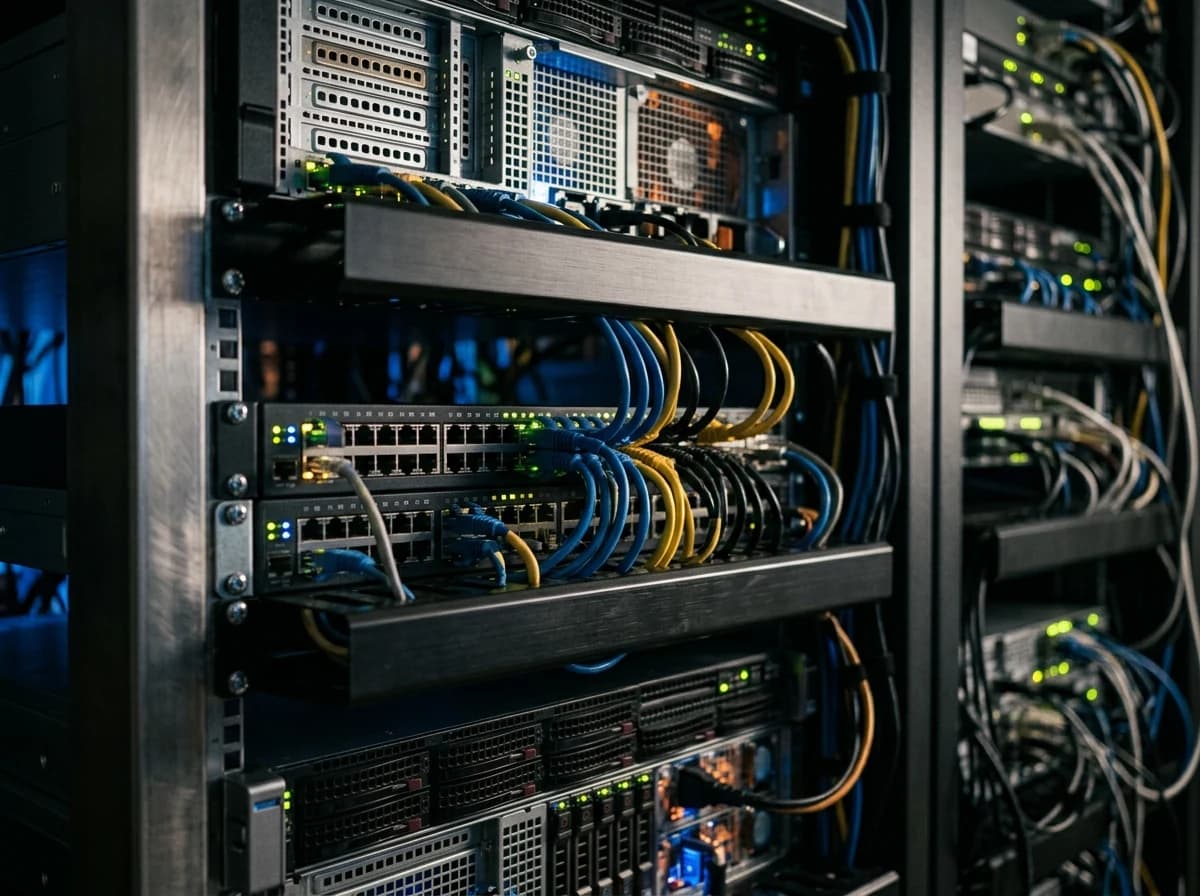 Close-up of server rack lights, network cables, and hardware components.