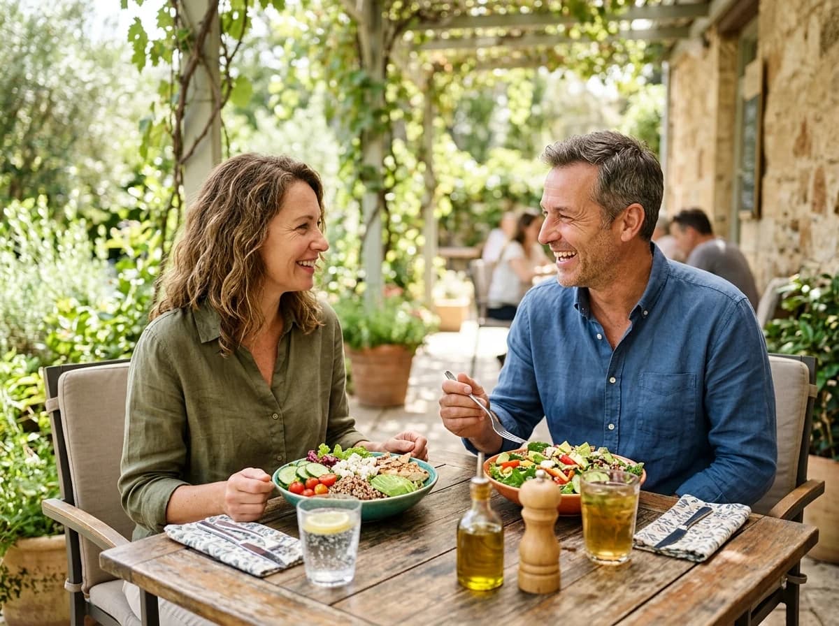 Two adults sharing a light, healthy meal with colorful salads and drinks on an outdoor patio.