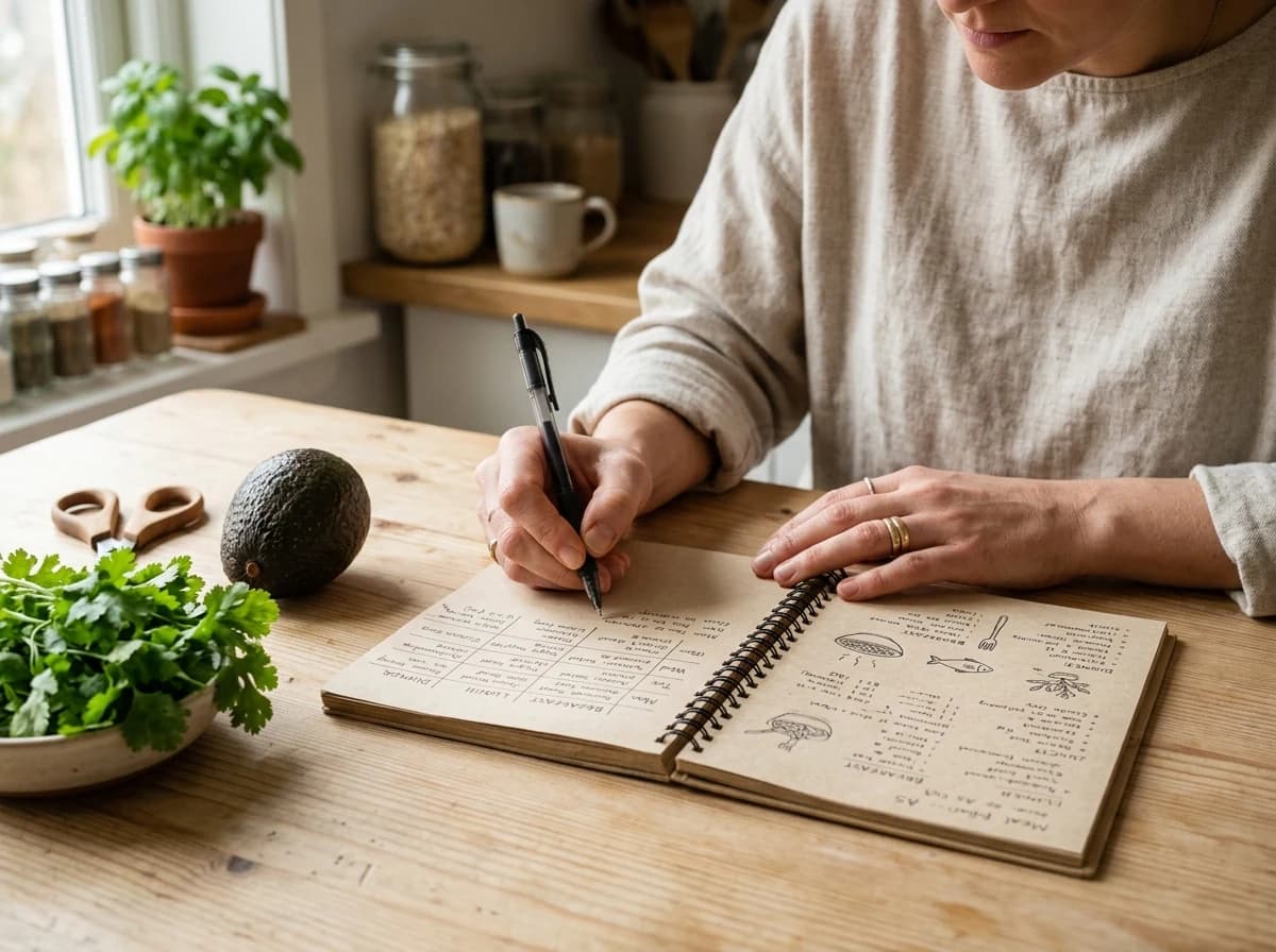 Hands writing in a detailed meal planning notebook with fresh ingredients nearby.