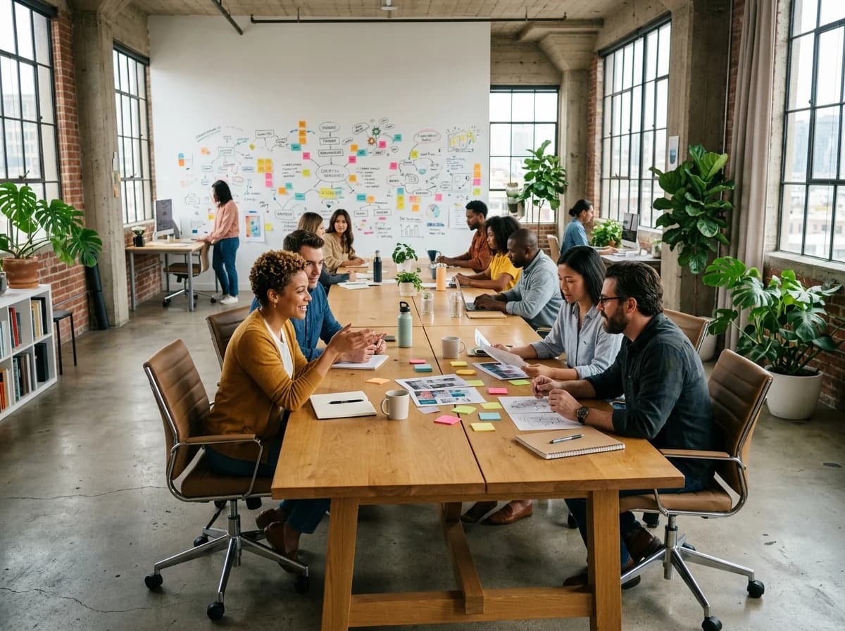 A modern, open-plan agency workspace with collaborative tables, comfortable chairs, and large whiteboards covered in abstract, unreadable brainstorming sketches.