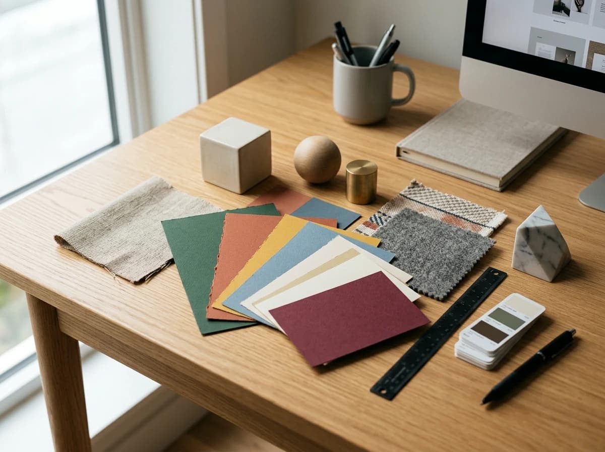 Abstract still life of design elements: a well-composed arrangement of colored paper swatches, textured fabric samples, and small 3D geometric shapes on a light desk.