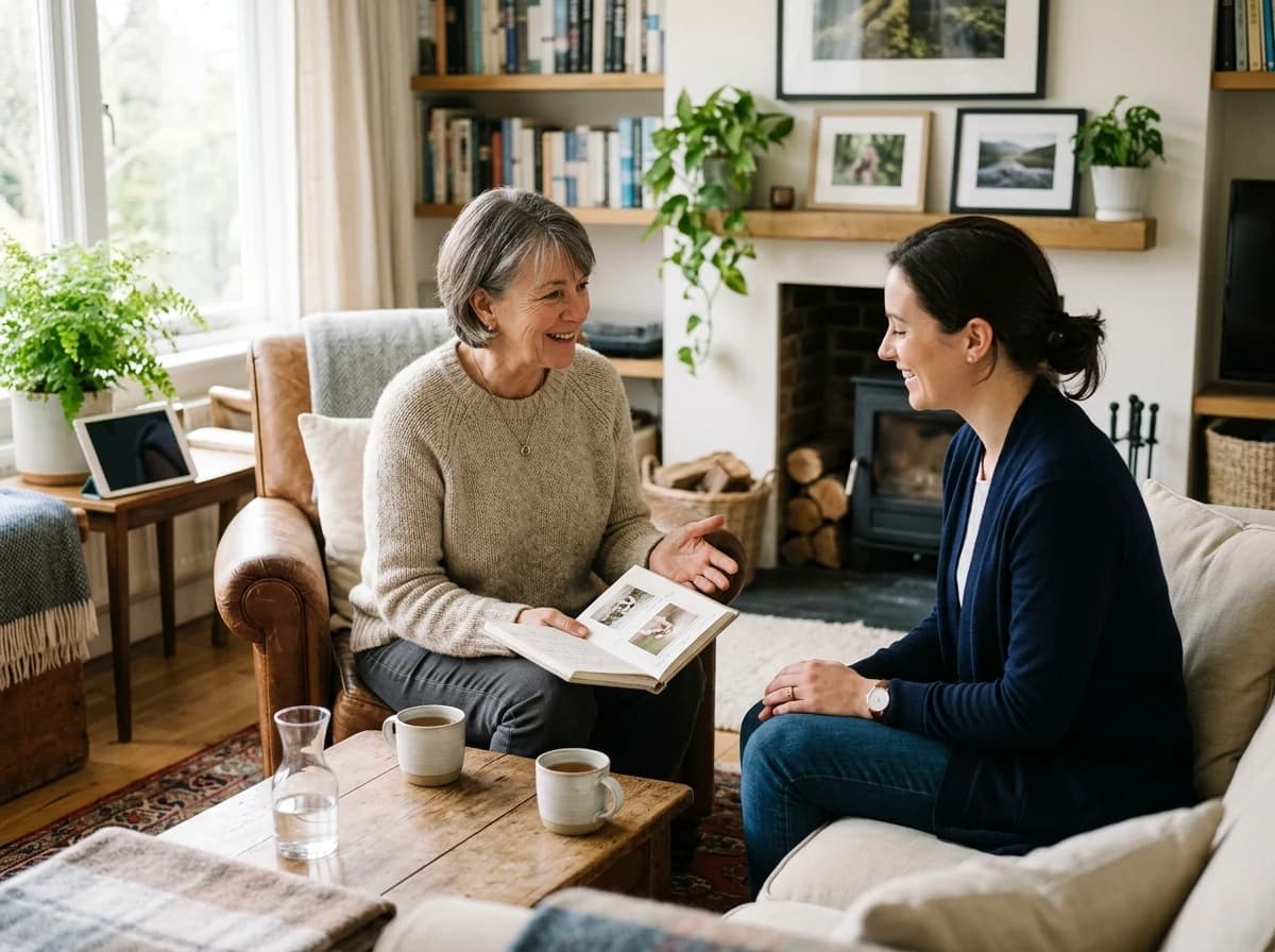 Dog breeder discussing puppy care with a prospective owner in a calm, welcoming living room.
