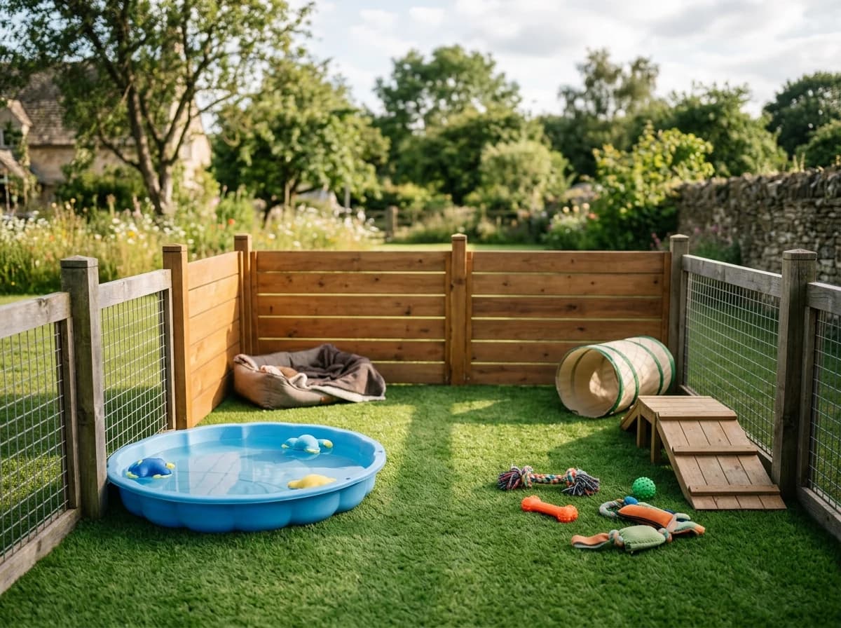 Secure, clean outdoor play area with artificial turf and puppy-safe toys, no puppies visible.
