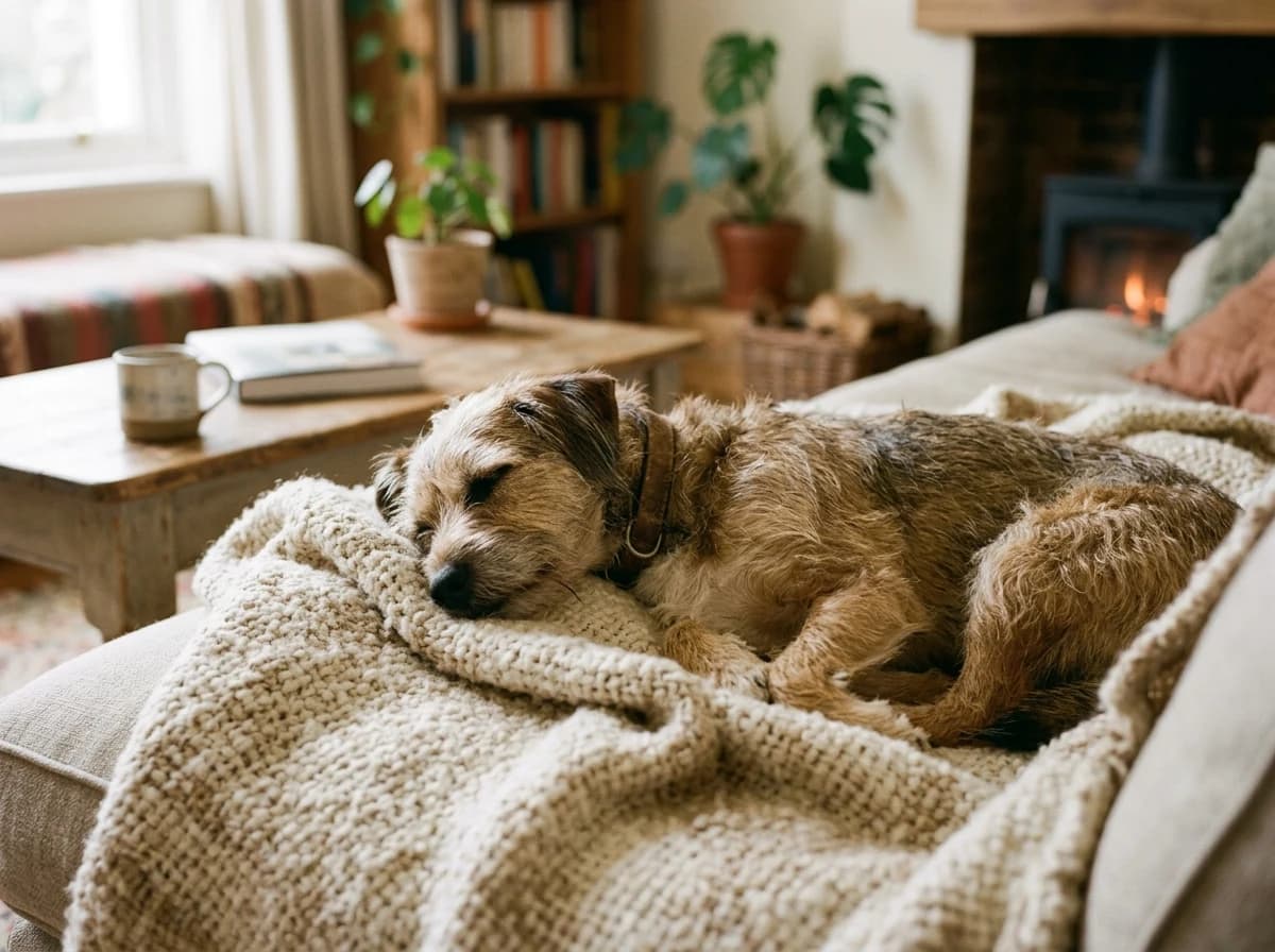Content dog resting peacefully on a soft blanket after a walk, looking relaxed.