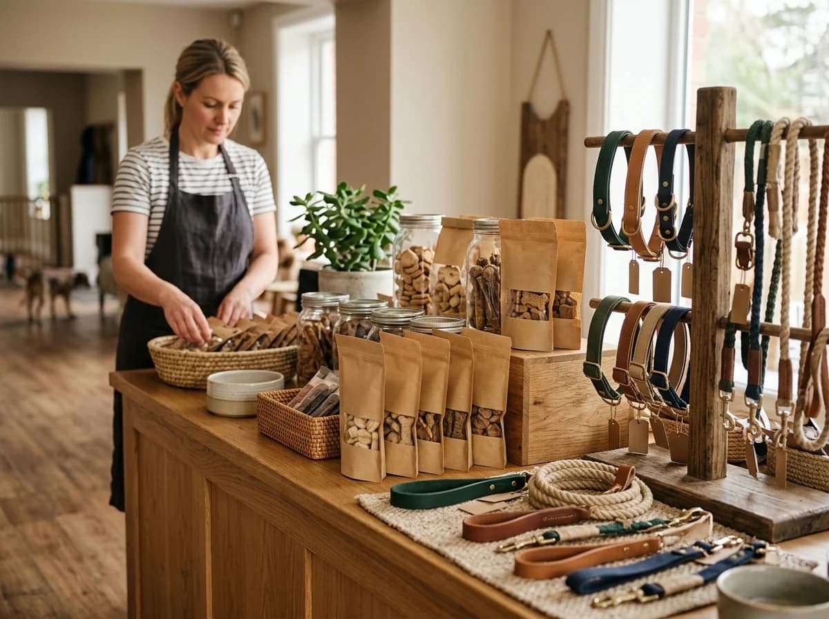 Retail display of artisan dog treats and branded leashes in a neat arrangement.