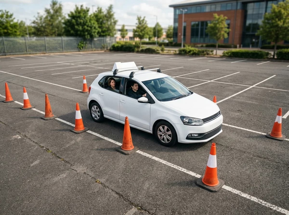 A learner car positioned between cones on a closed practice area.