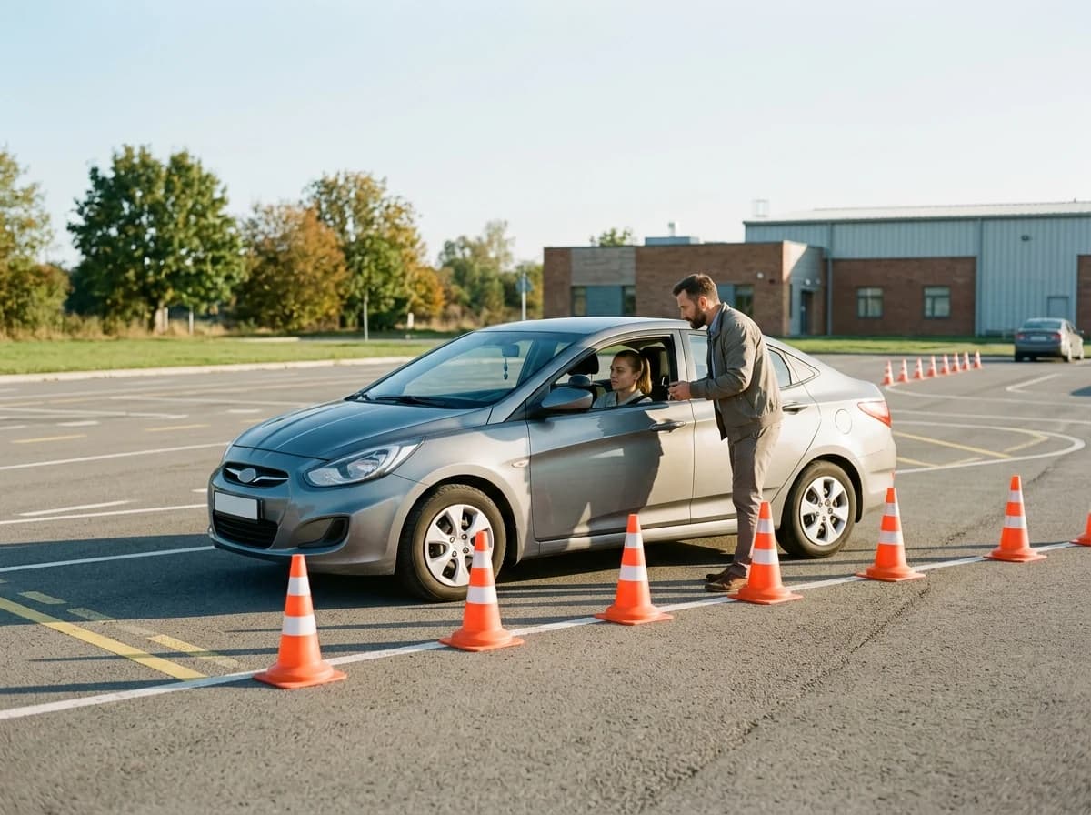 An instructor beside a learner car on a closed practice course.