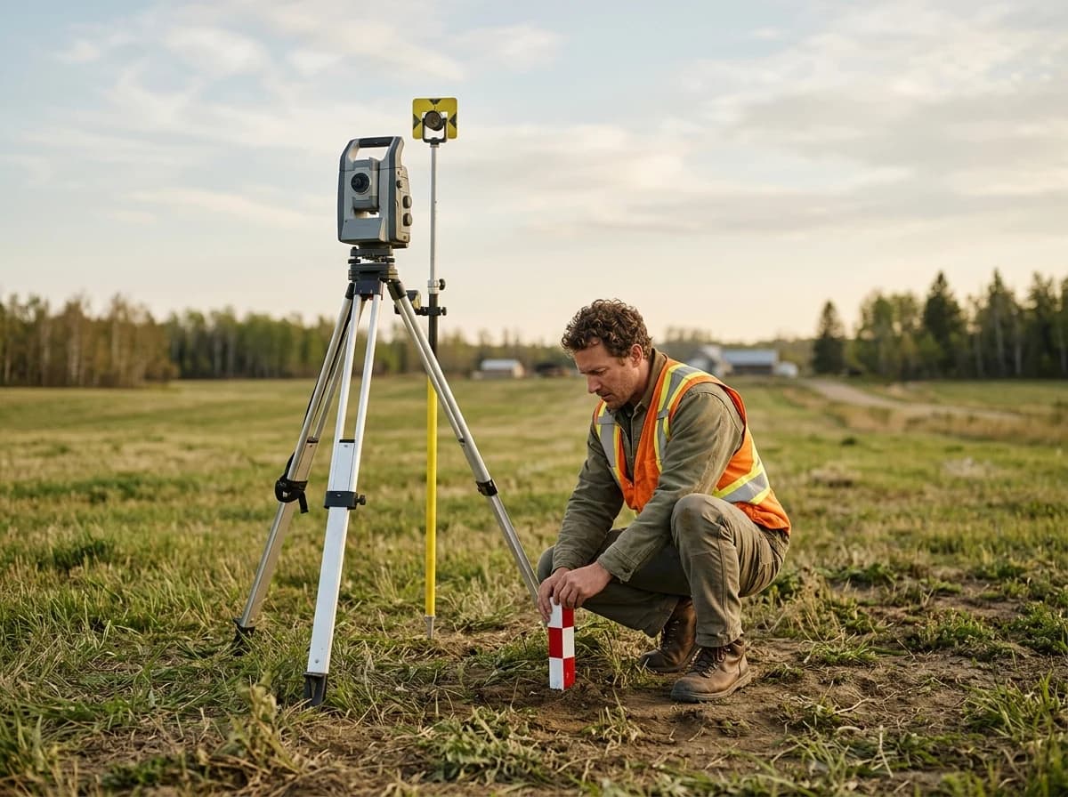 Fictional adult survey technician wearing high visibility vest setting a ground control marker beside a tripod survey pole in a clear field