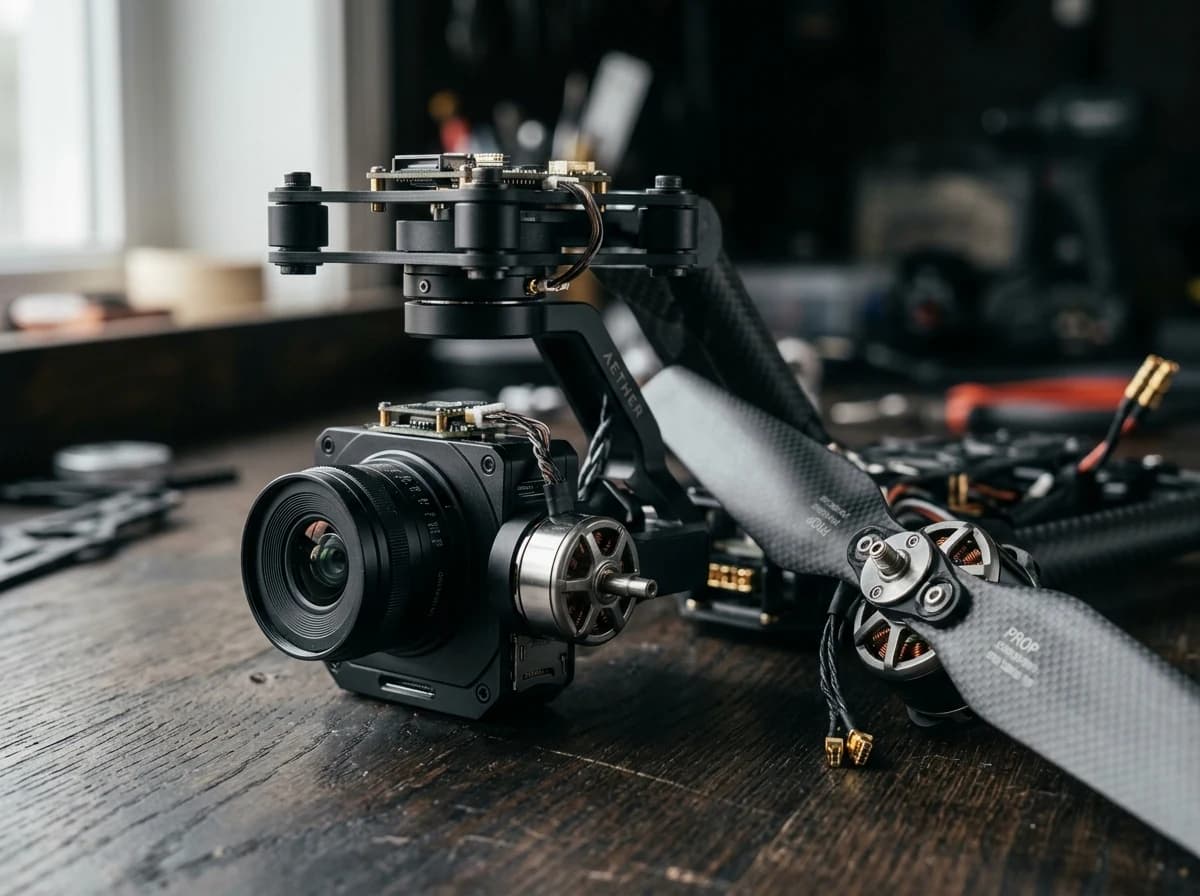 Close-up of intricate drone components, including rotors, cameras, and sensors, highlighting precision engineering.