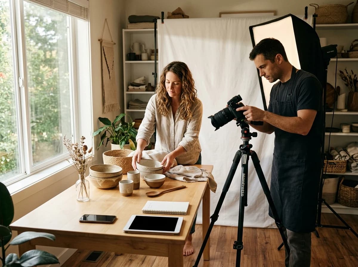 A small ecommerce team photographing home accessories in a product studio.