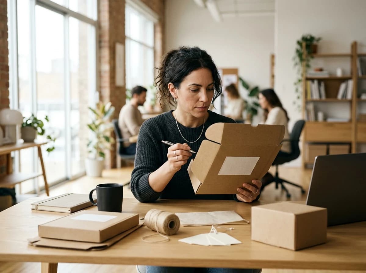 Thoughtful person, an e-commerce manager, reviewing product samples and packaging materials at a clean desk.