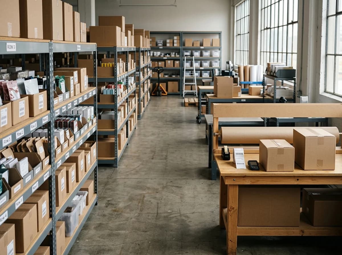Clean, well-lit small warehouse with neatly stacked inventory on shelves, ready for shipping.