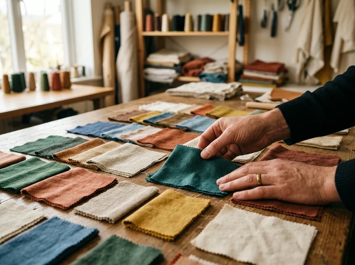 Adult hands gently touching and selecting from a collection of various colored fabric swatches, suggesting customization.