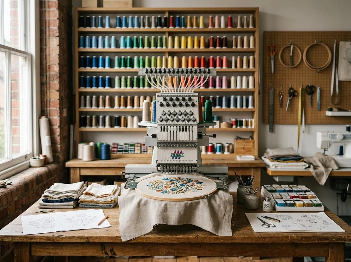 A clean, well-organized embroidery workshop with a multi-needle embroidery machine, spools of colorful thread, and fabric samples.