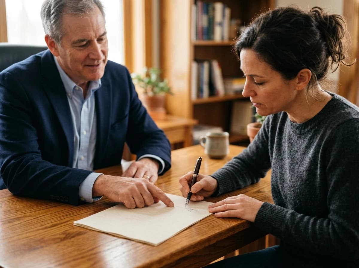 An adult client, with a pen in hand, signing a blank document on a desk, observed by an enrolled agent, showing a focused consultation moment.