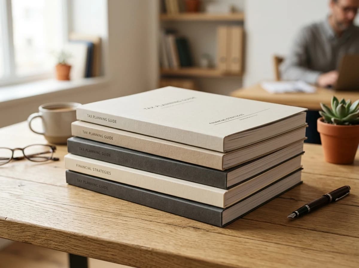 A stack of professional, blank tax planning guide booklets with simple, unreadable covers, resting on a clean desk, implying informative resources.