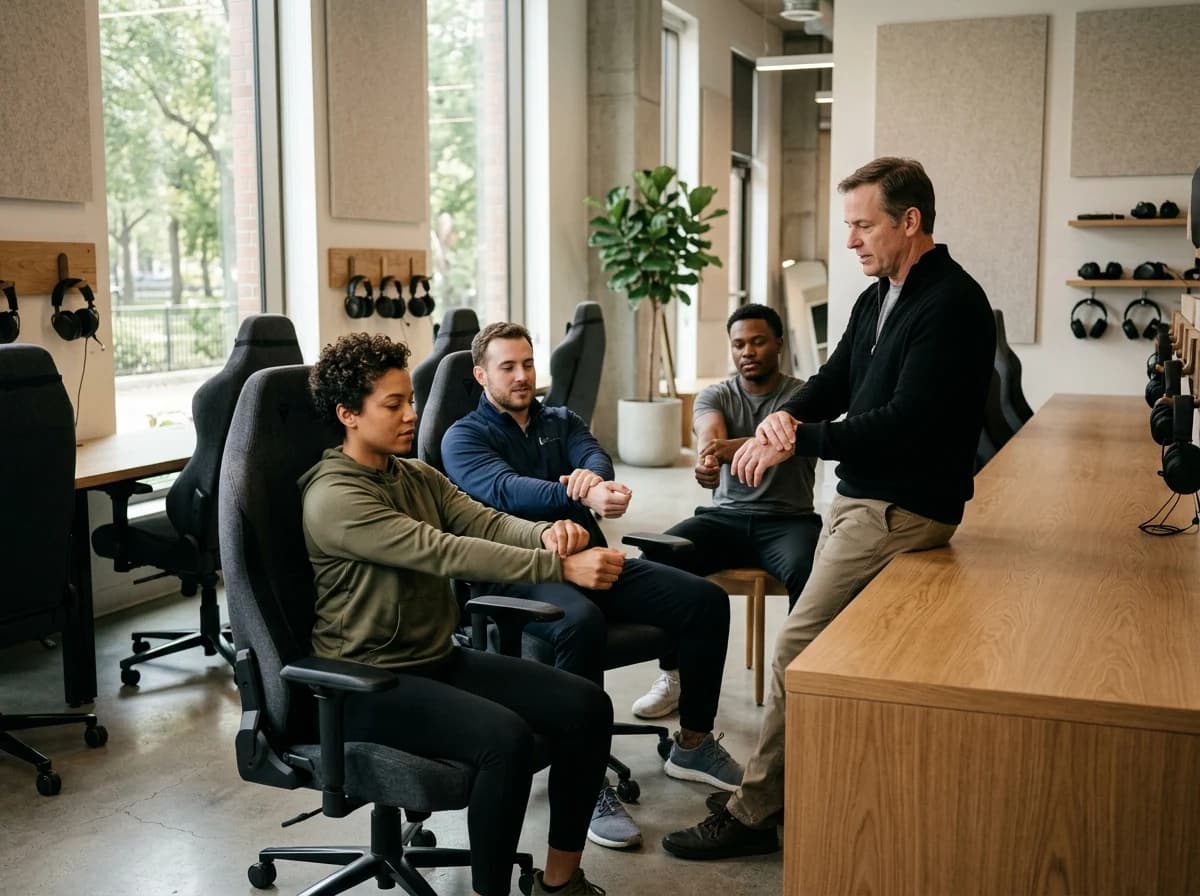 Three fictional adult esports players stretching their wrists during a break with a coach in an airy gaming lounge, unbranded gaming chairs and headphones stored in background