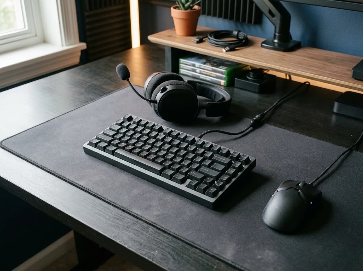 Close-up of an unbranded mechanical keyboard, precision gaming mouse and headset neatly arranged on a matte charcoal desk