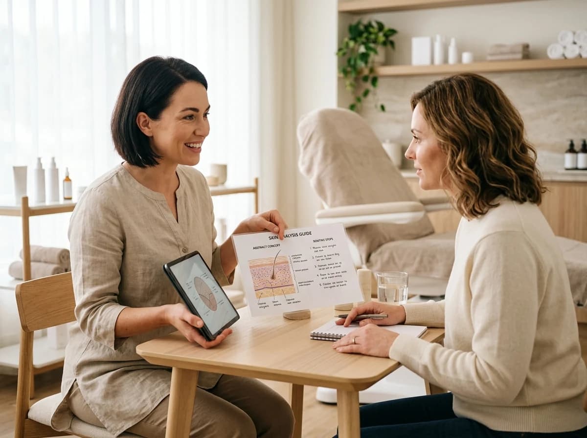 Esthetician discussing skincare concerns with a client, pointing to a diagram on a tablet in a well-lit consultation room.