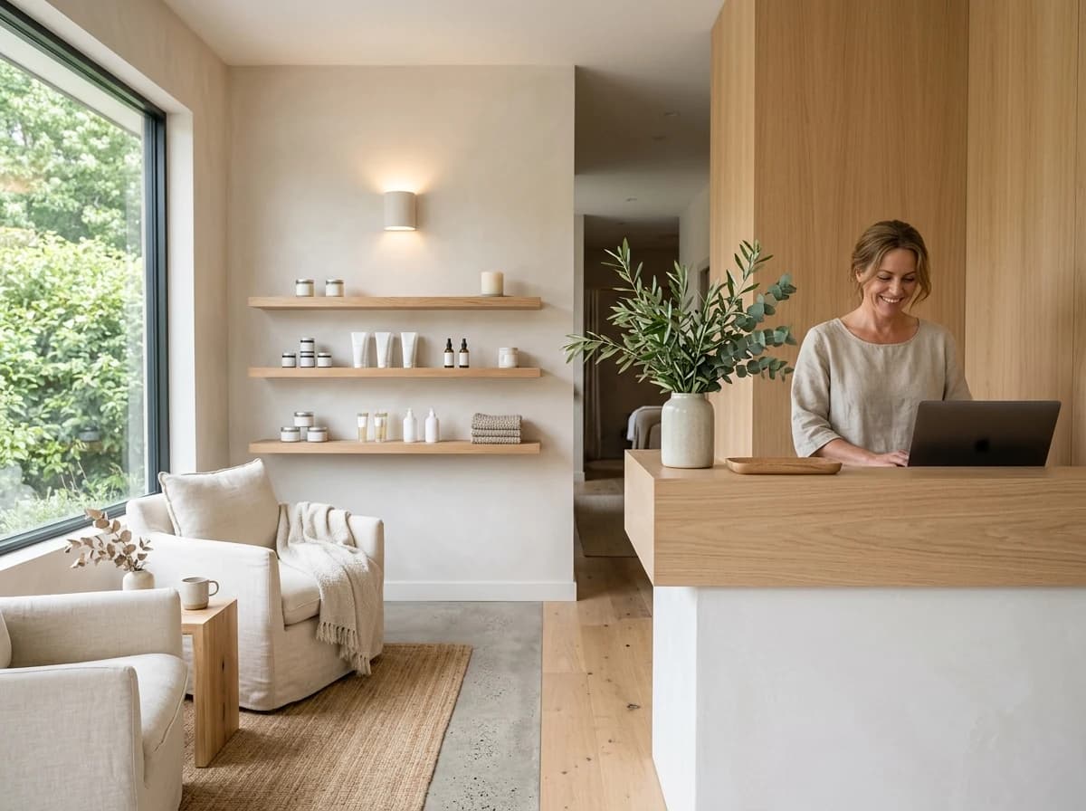 Serene spa reception area with a minimalist design, comfortable seating, and subtle botanical accents.