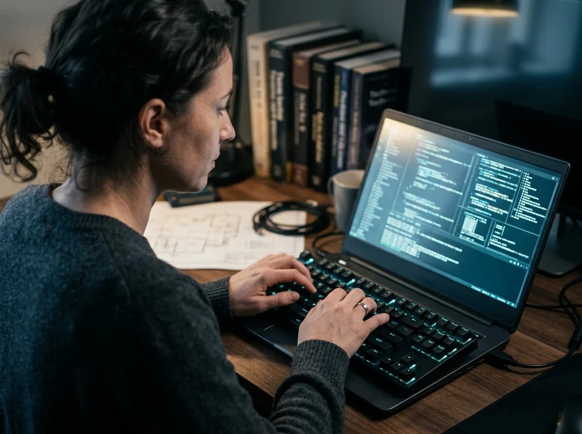 Ethical hacker's hands typing rapidly on a keyboard, with blurred screen showing abstract code.