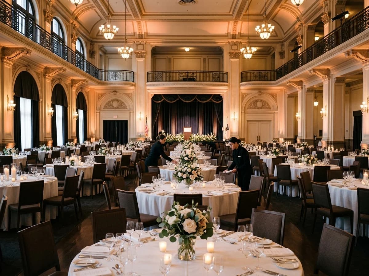 Empty grand ballroom with round tables set for a formal event, soft ambient lighting.