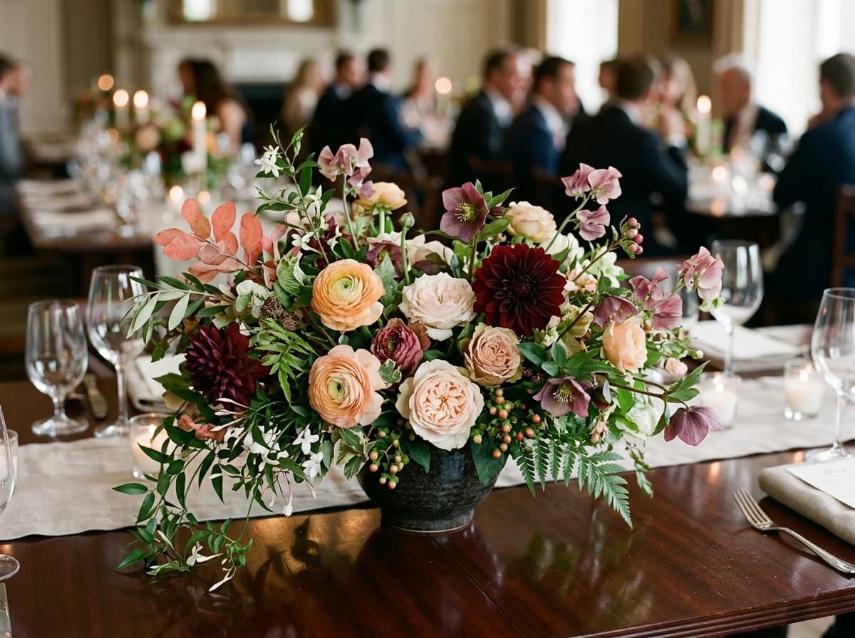 Close-up of a vibrant, professionally arranged floral centerpiece with various blooms and greenery.