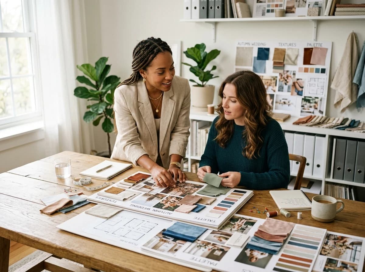 Two women, an event planner and client, discuss designs over mood boards and fabric swatches.