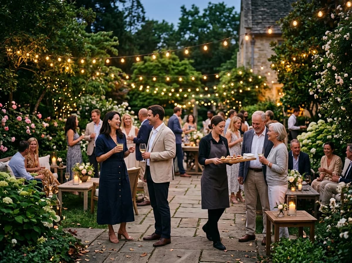 Guests enjoying an elegant outdoor garden party with string lights and catering staff.