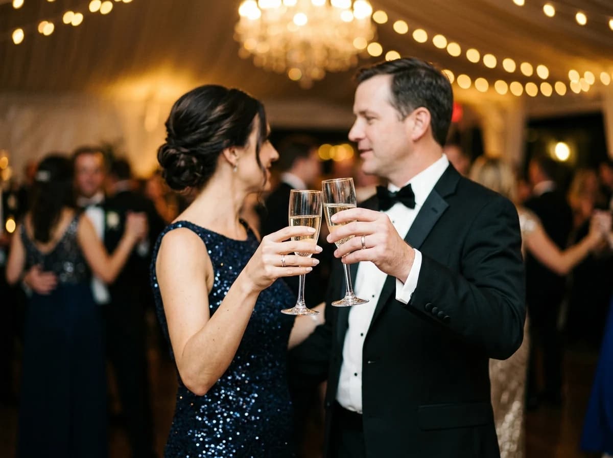 Two adults raising champagne glasses in a celebratory toast at an elegant event.