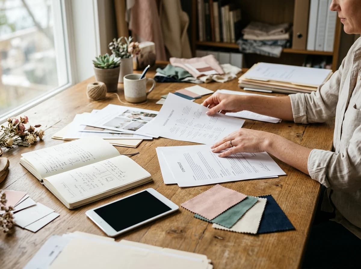 Event planner meticulously organizing vendor contracts and timelines on a desk.