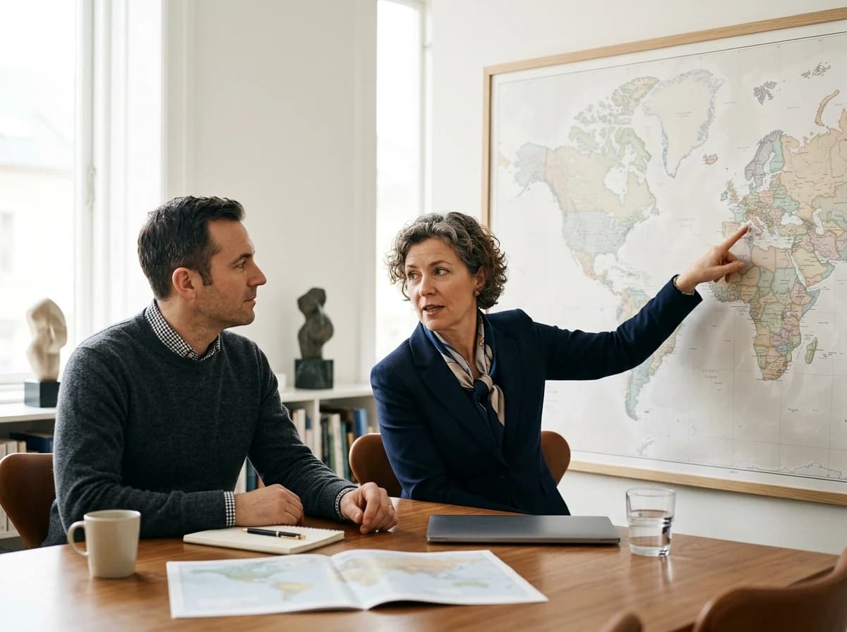 Export consultant advising a client on market entry strategies using a world map.