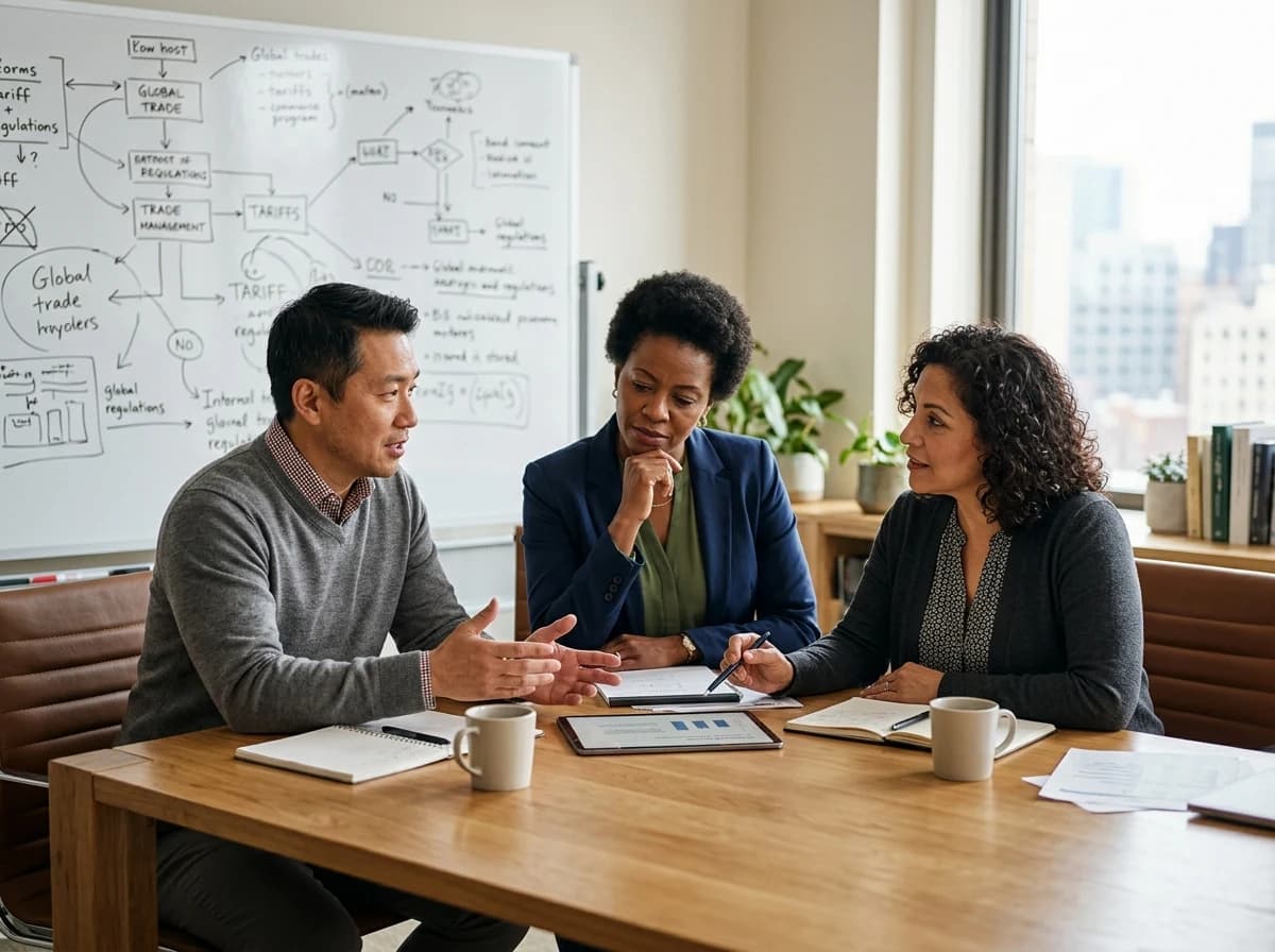 Diverse team of trade compliance specialists discussing global market regulations in a modern office.