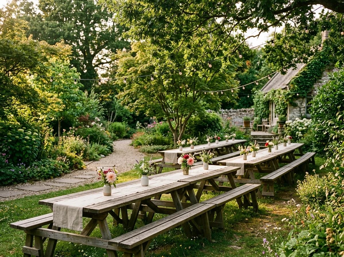 Garden tables set with flowers for a family reunion.