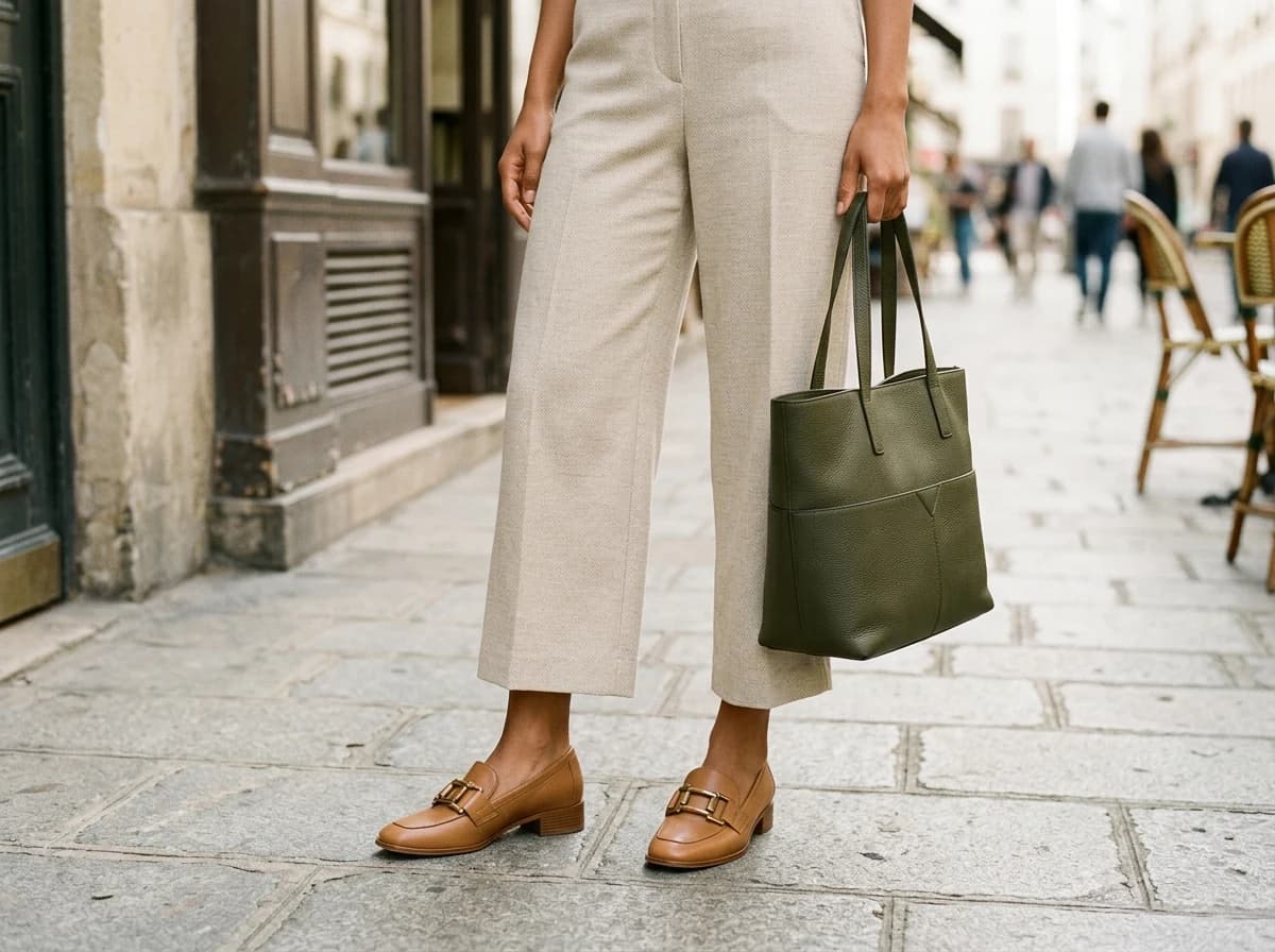 An adult fashion blogger, seen from the waist down, elegantly posing to showcase the details of a stylish outfit, focusing on a unique shoe or accessory with natural light.